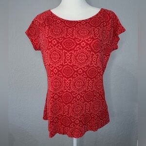 Lauren Ralph Lauren Paisley Cotton Boatneck T-Shirt in Red and Pink. Size XL